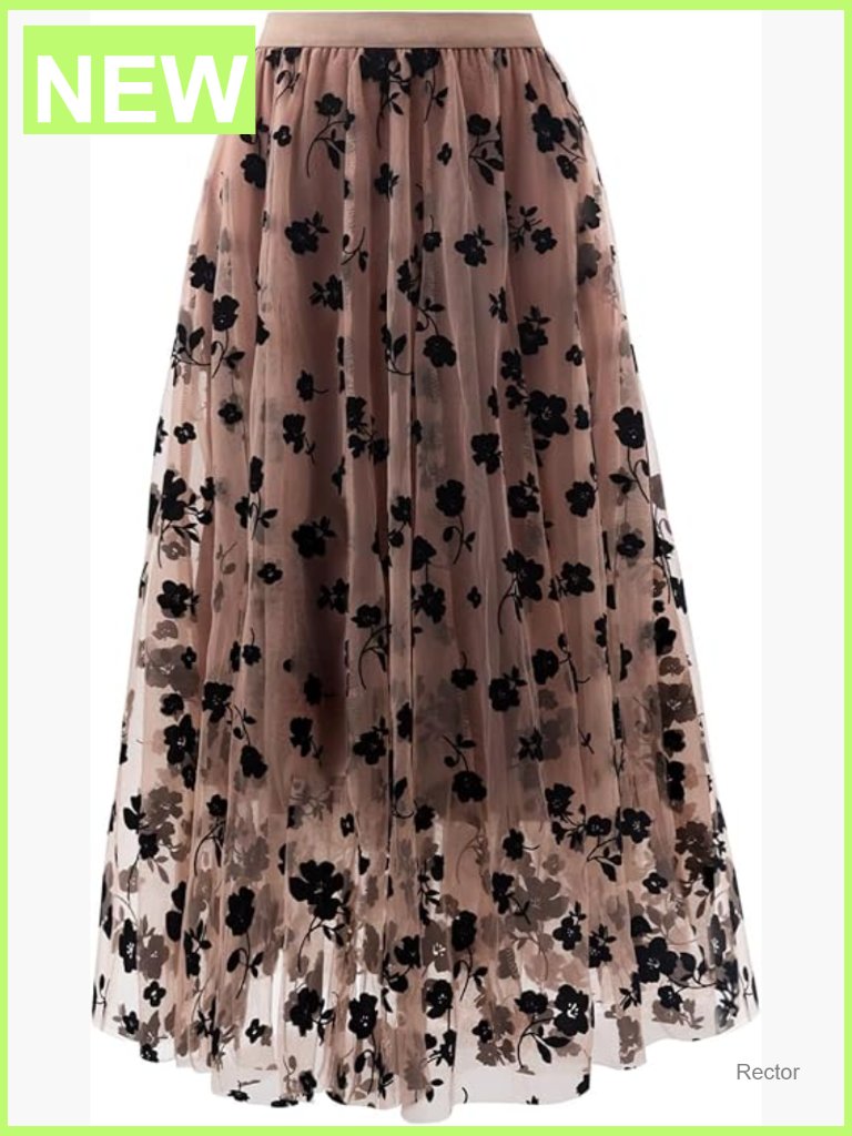 Midi Skirt High Waist A-Line Tulle Floral Summer Casual Dressy
